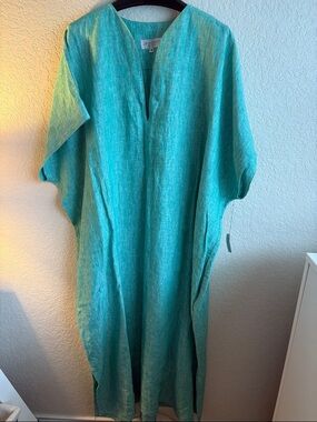 Turquoise Linen Maxi Dress Kaftan - Relaxed Women’s Dress